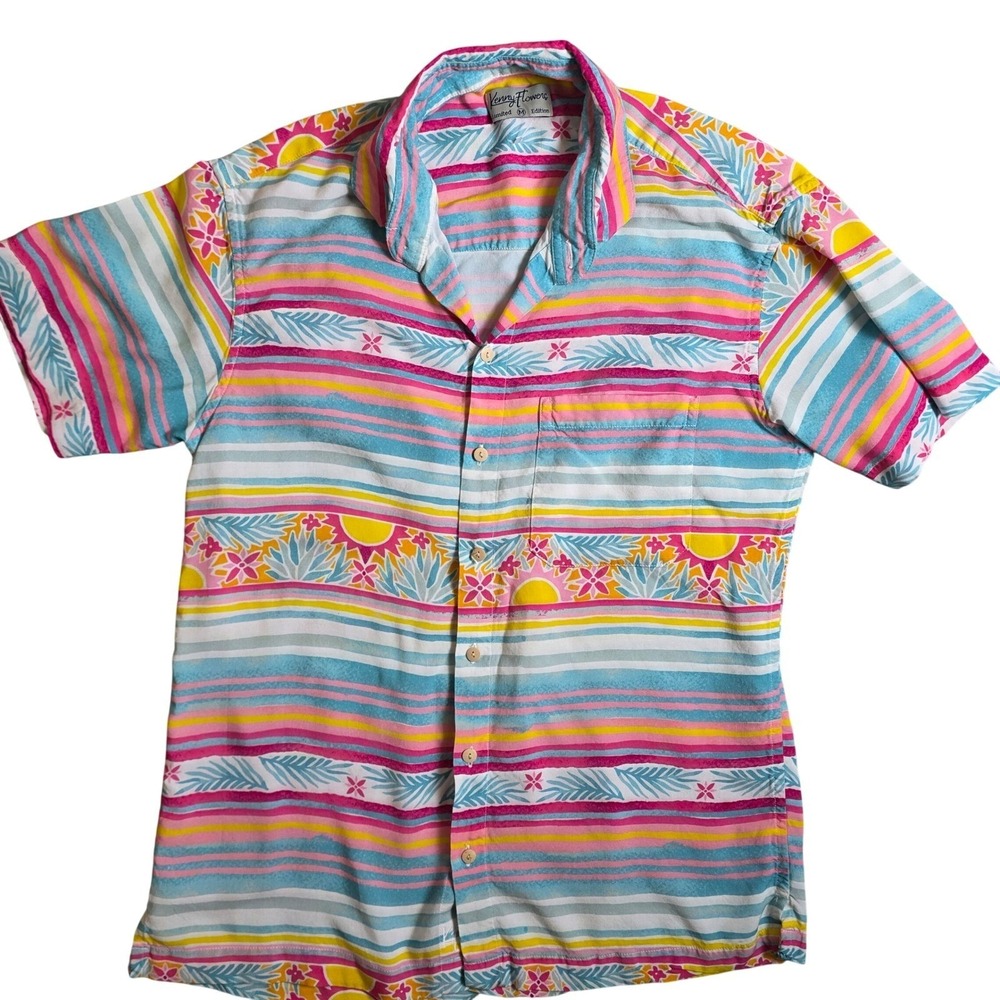 Kenny Flowers Hawaiian Shirt Mens Medium Multicolor Tropical Rayon Flaws